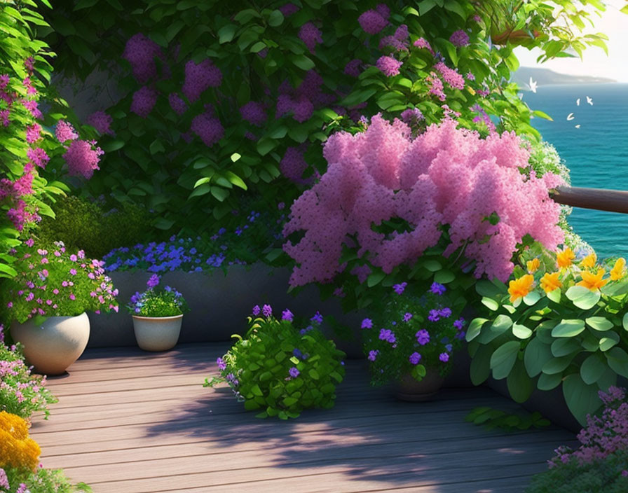 Balcony garden with blooming purple and pink flowers and sea view