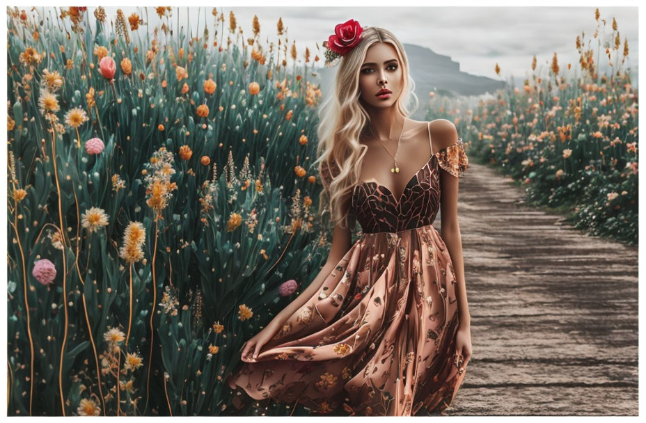 Woman in floral dress surrounded by vibrant flowers and mountains