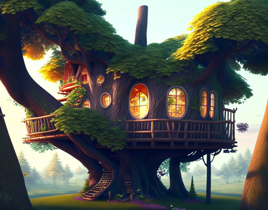 Cozy treehouse with glowing windows in lush forest at dusk