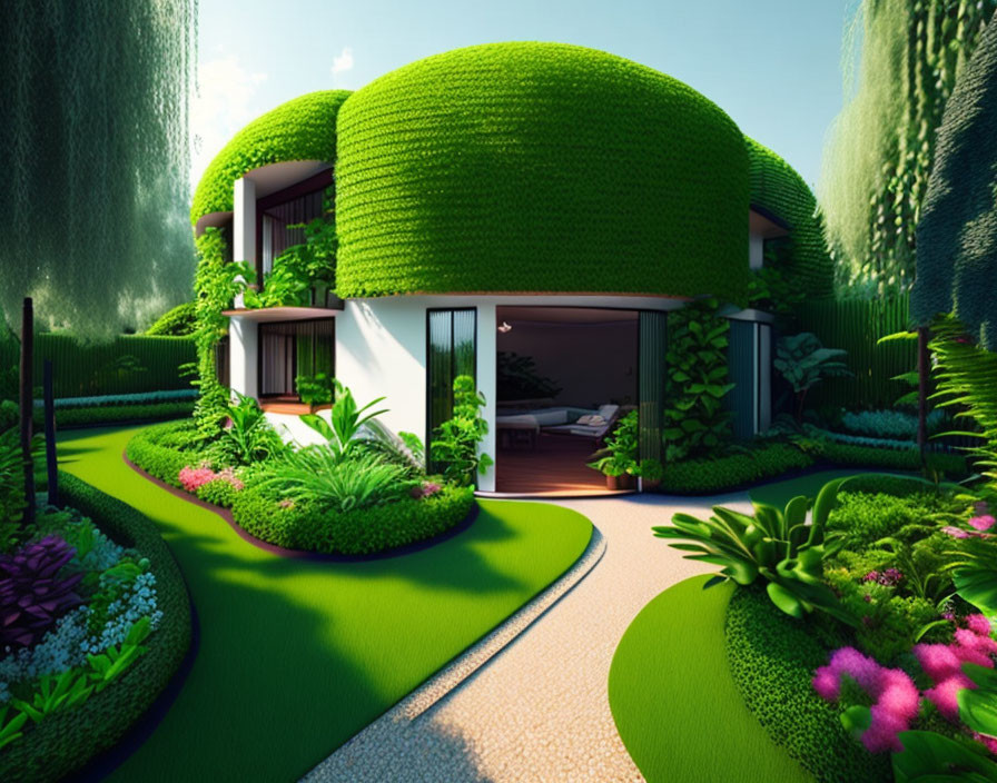 Dome-shaped green roofs on futuristic house with lush gardens