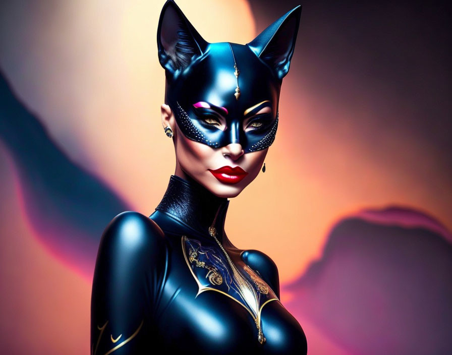 Stylized Cat-Themed Costume with Glossy Finish on Gradient Background