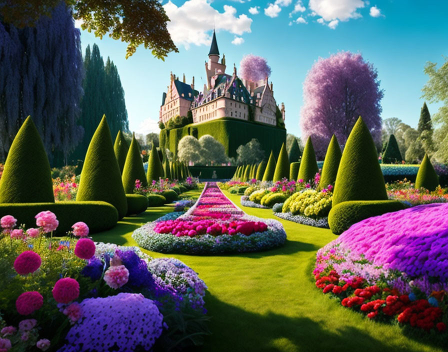 Colorful Castle Garden with Topiaries and Flowerbed Path