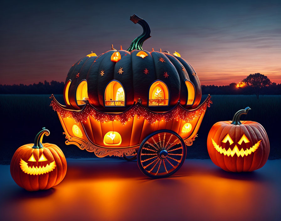 Pumpkin Carriage Surrounded by Jack-o'-lanterns in Twilight Sky