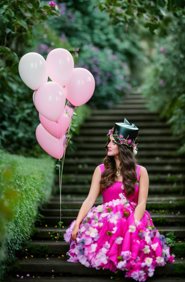 Woman in Pink Flowered Dress with Balloons in Green Setting