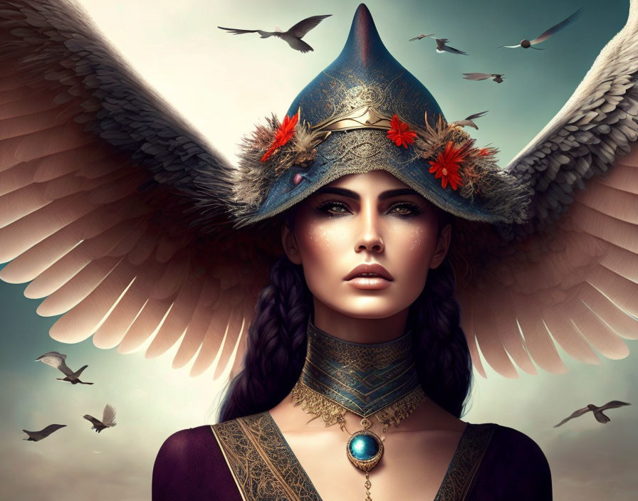 Digital artwork of woman with angelic wings, ornate hat, and jewelry.