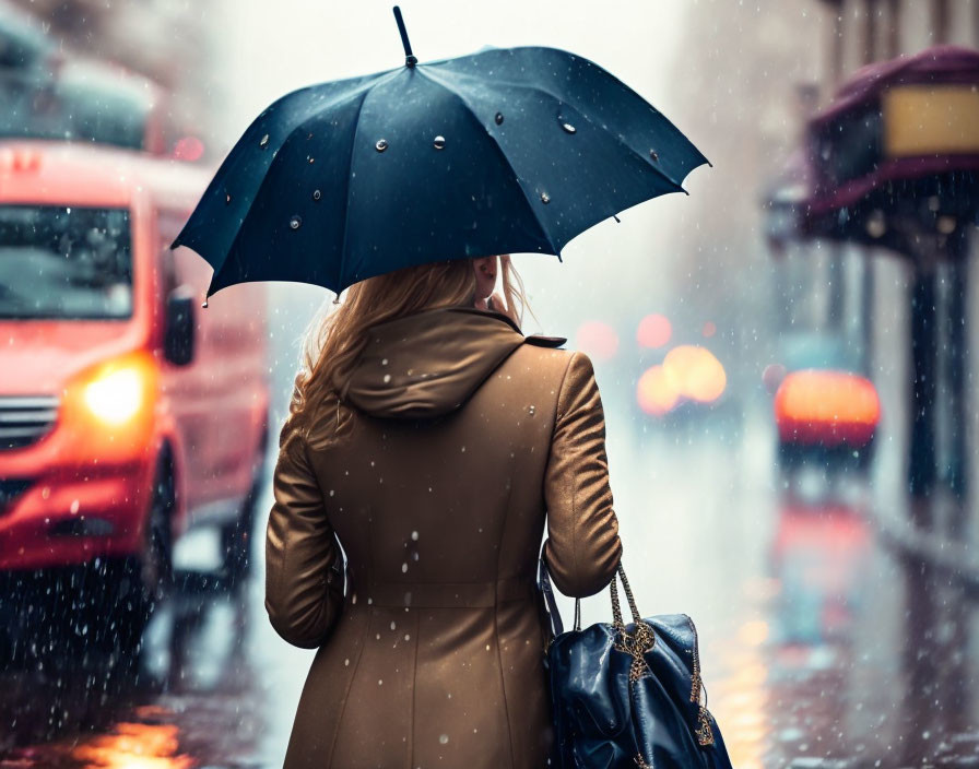 Pedestrian with umbrella in rainy city street with blurred traffic lights.