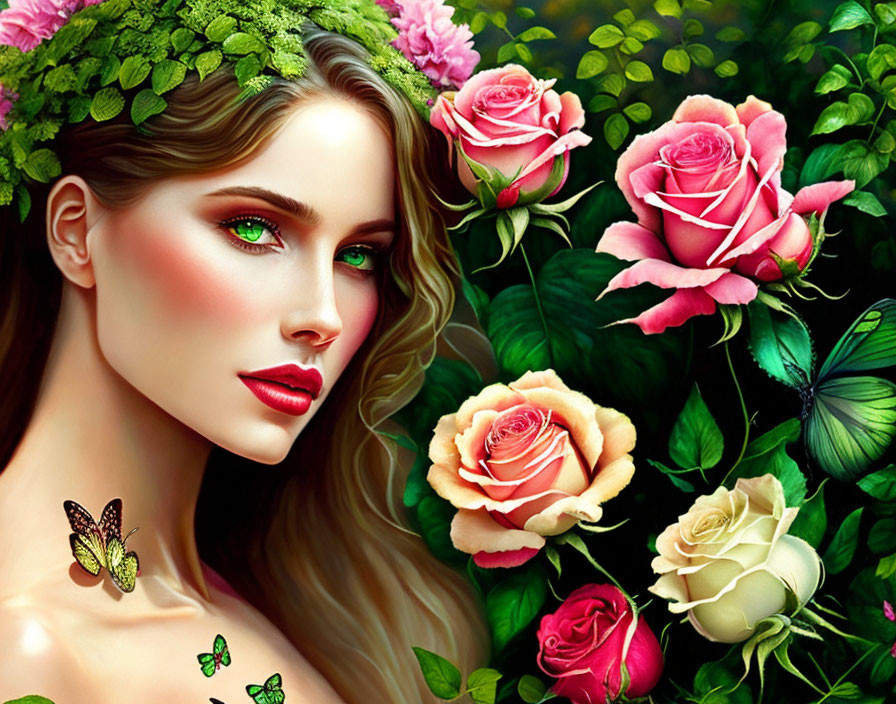 Colorful portrait of a woman with green eyeshadow and roses, surrounded by butterflies and vibrant flowers