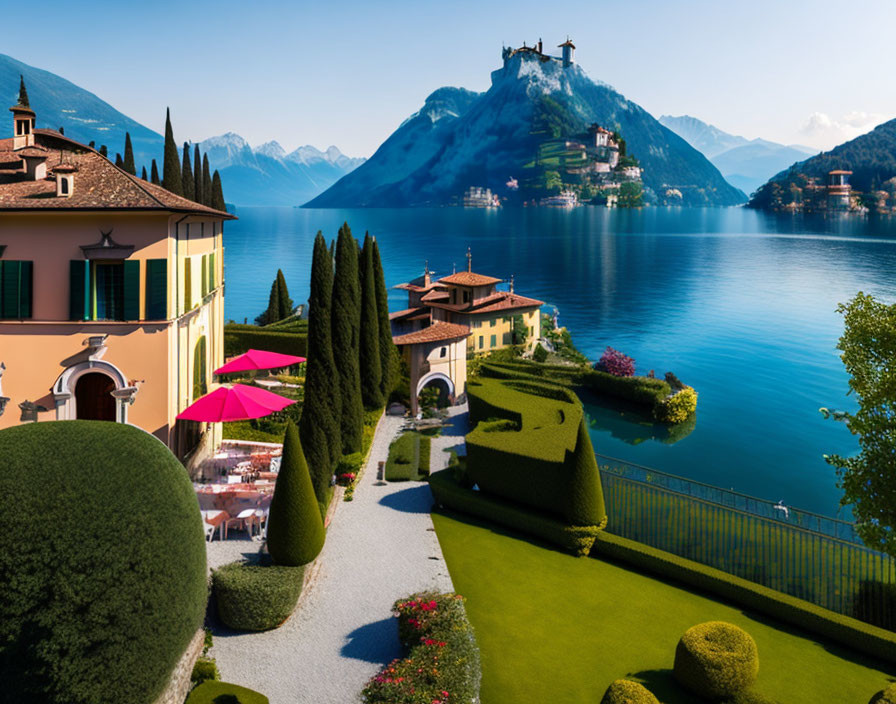 Manicured garden and lake view villa by mountains