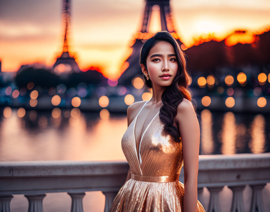 Woman in Gold Dress Posing at Twilight with Blurred Eiffel Tower