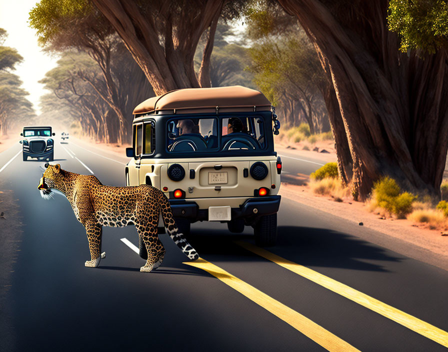 Cheetah crossing paved road in tree-lined savanna