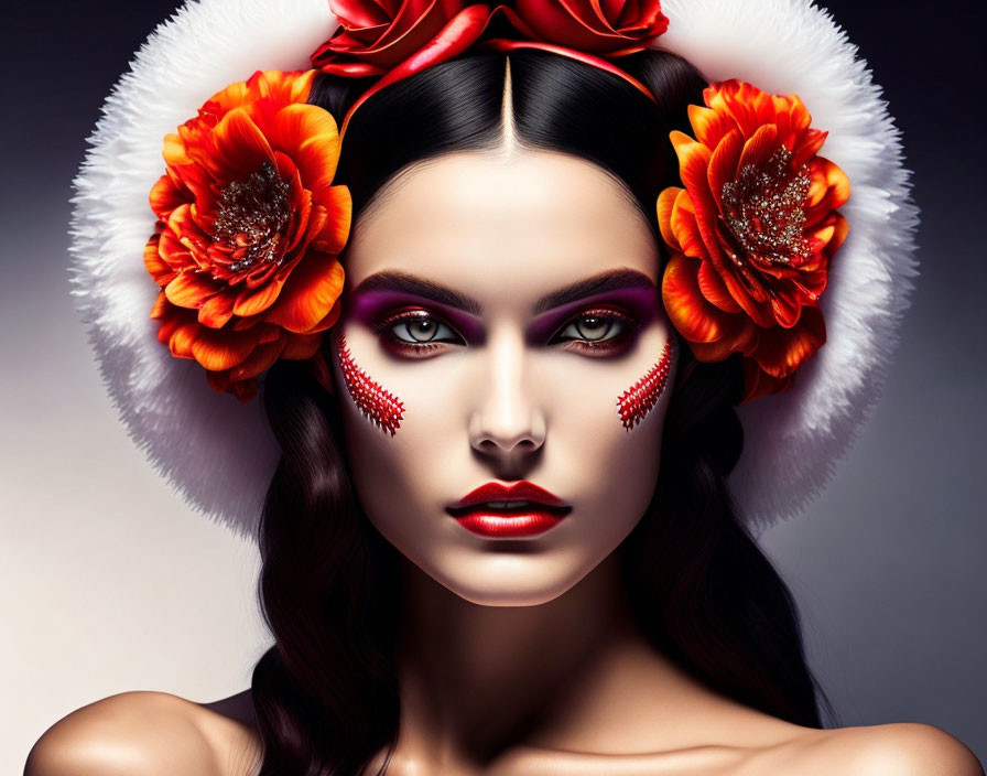 Woman with purple eyeshadow and red crystals in floral headdress.