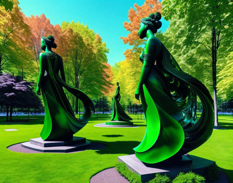 Vibrant park with three large green female statues