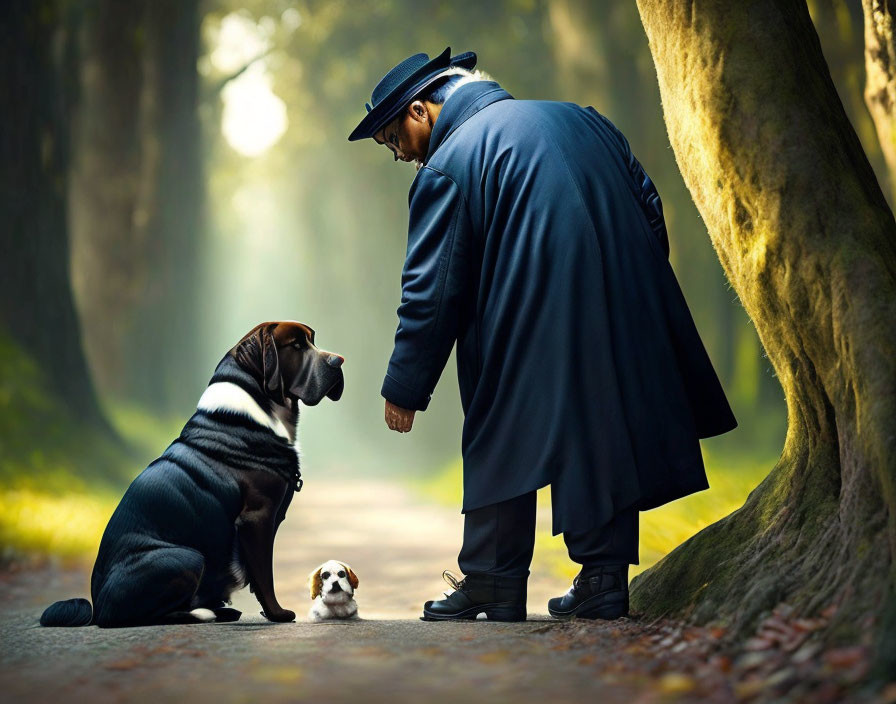 Man in hat and coat with dog and guinea pig in forest scene