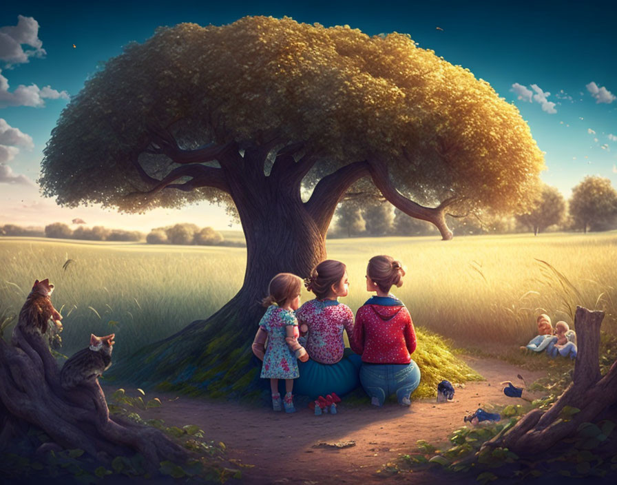 Children and adult under large tree at sunset with toys and animals