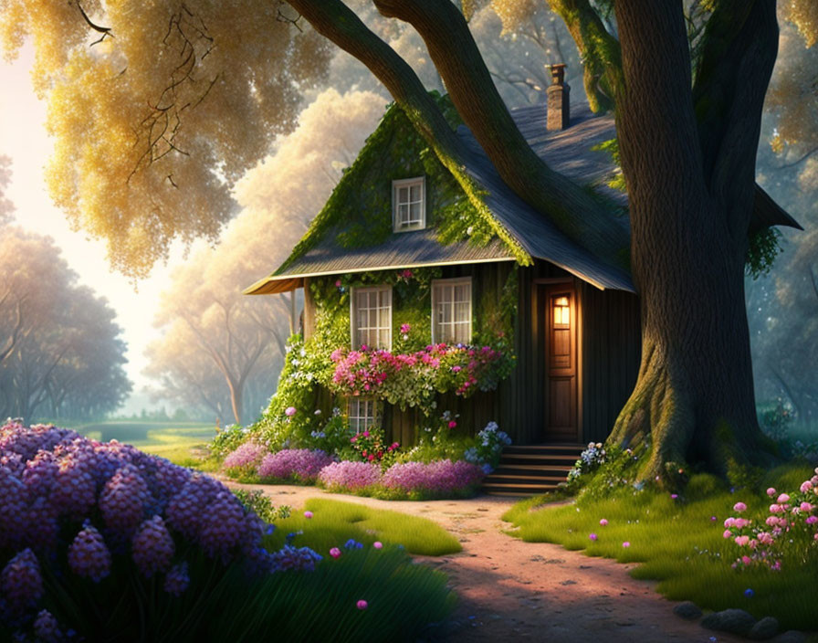 Tranquil cottage surrounded by lush trees and blooming flowers