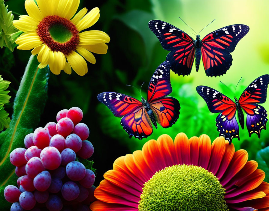 Colorful butterflies on flowers with lush greenery and grapes