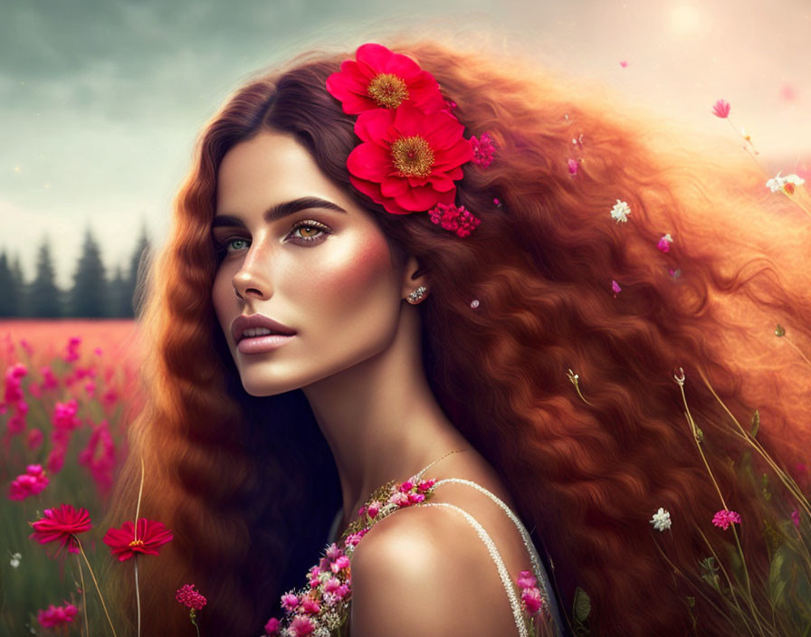 Woman with Curly Hair and Red Flowers in Matching Field