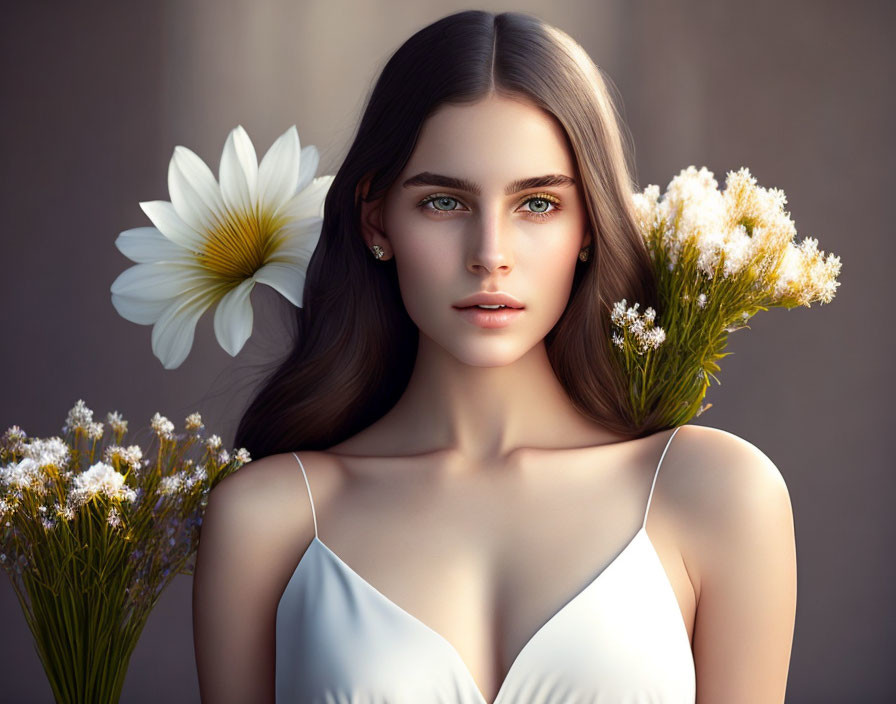 Woman with Green Eyes and Floral Hair in White Dress on Brown Background