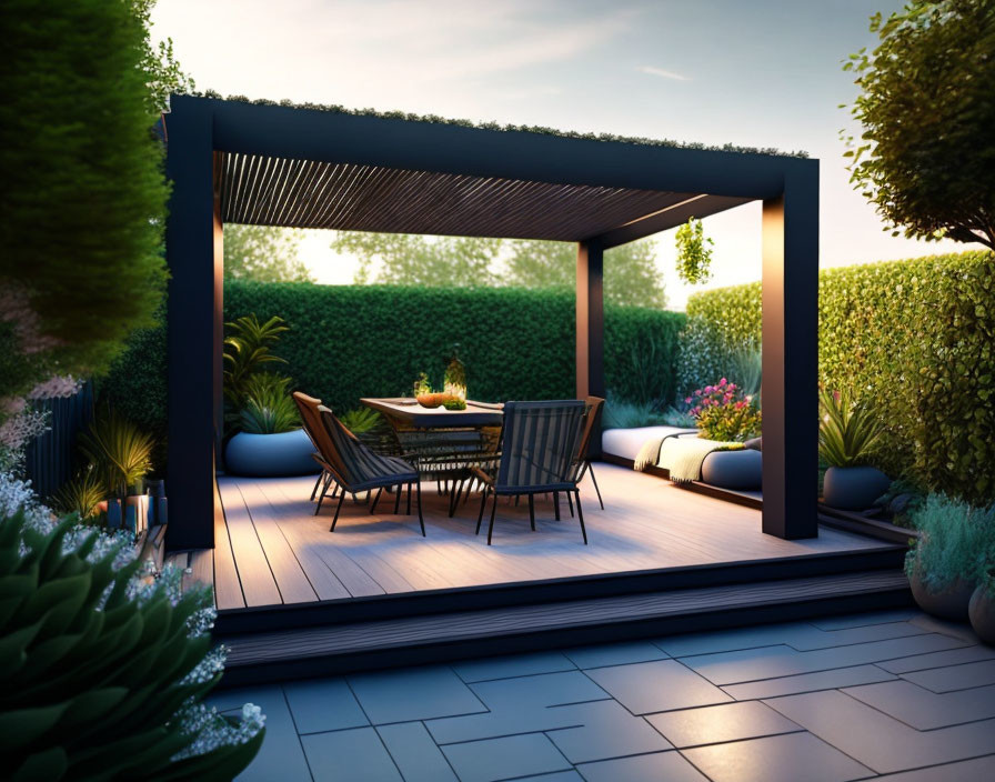 Modern outdoor patio with lush greenery and soft lighting at evening time