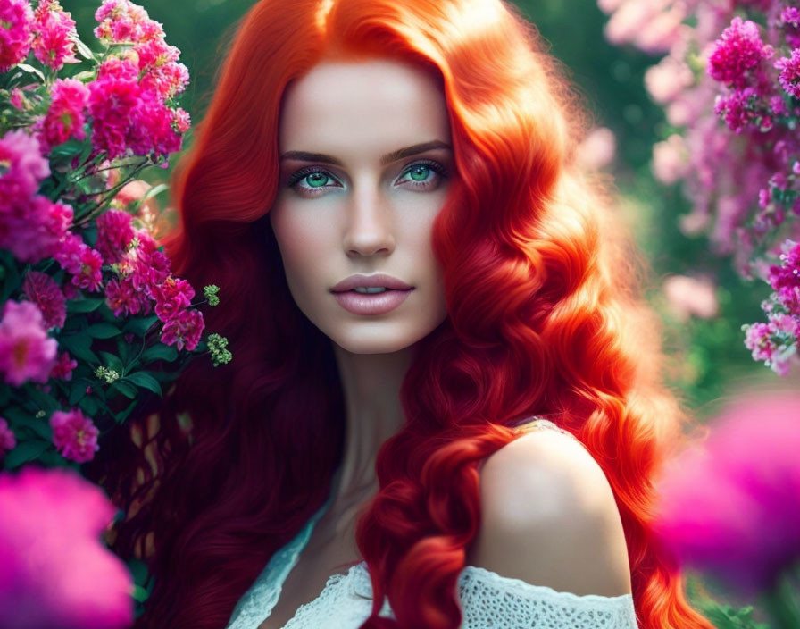 Striking red-haired woman with blue eyes in vibrant pink flower setting