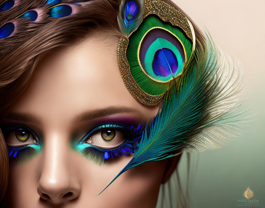 Vibrant peacock feather-inspired makeup and headpiece in blues, greens, and gold