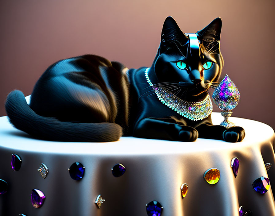 Black Cat with Blue Ribbon and Sparkling Necklace on Gemstone-Adorned Stool