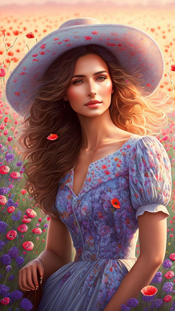 Digital illustration: Woman with wavy hair in lavender dress and hat, surrounded by red poppies.