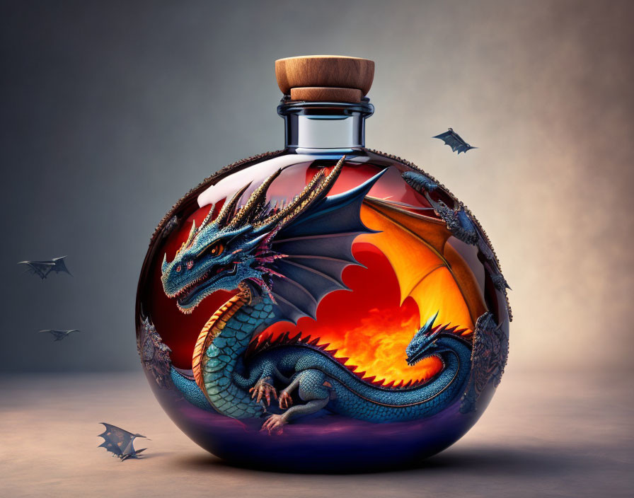 Blue dragon breathing fire in glass bottle with flying dragons