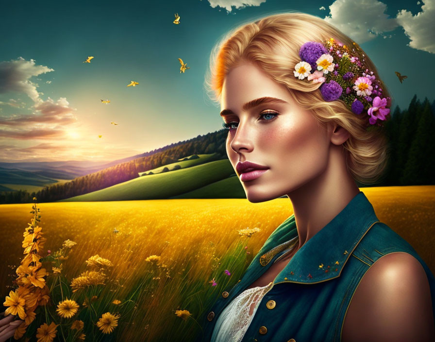 Blonde Woman Portrait with Floral Crown in Vibrant Landscape