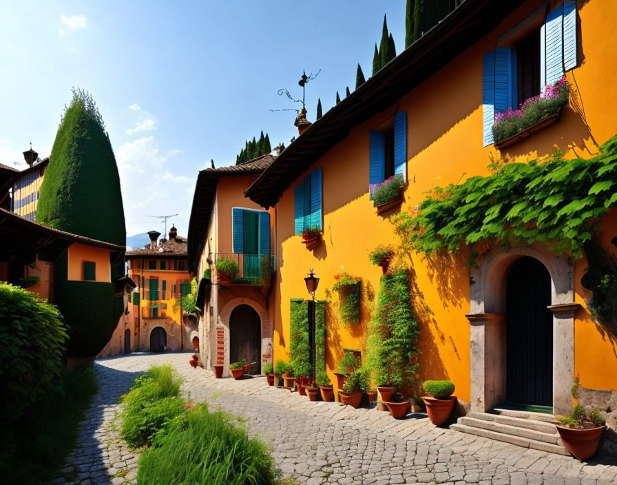 Vibrant cobblestone street with colorful buildings and blue skies