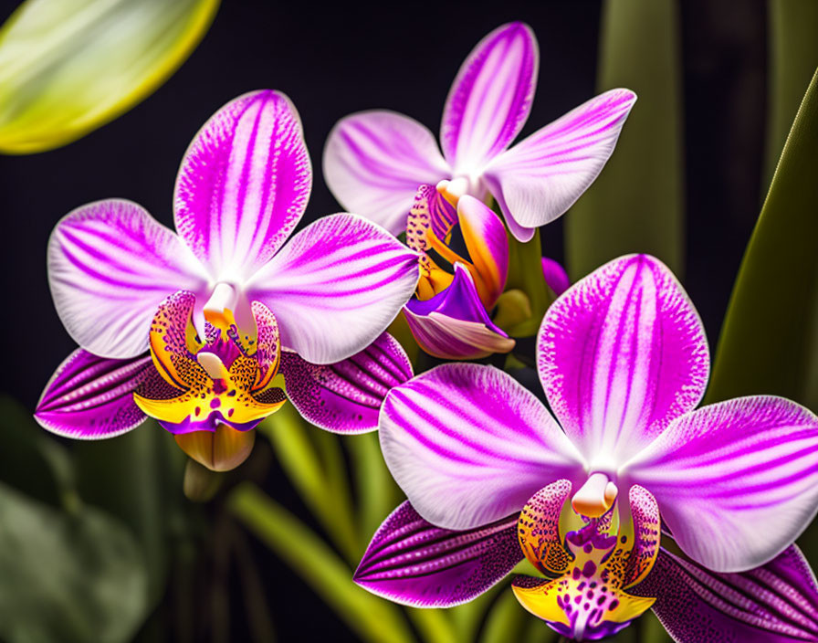 Vibrant purple orchids with pink patterns and yellow center on dark background