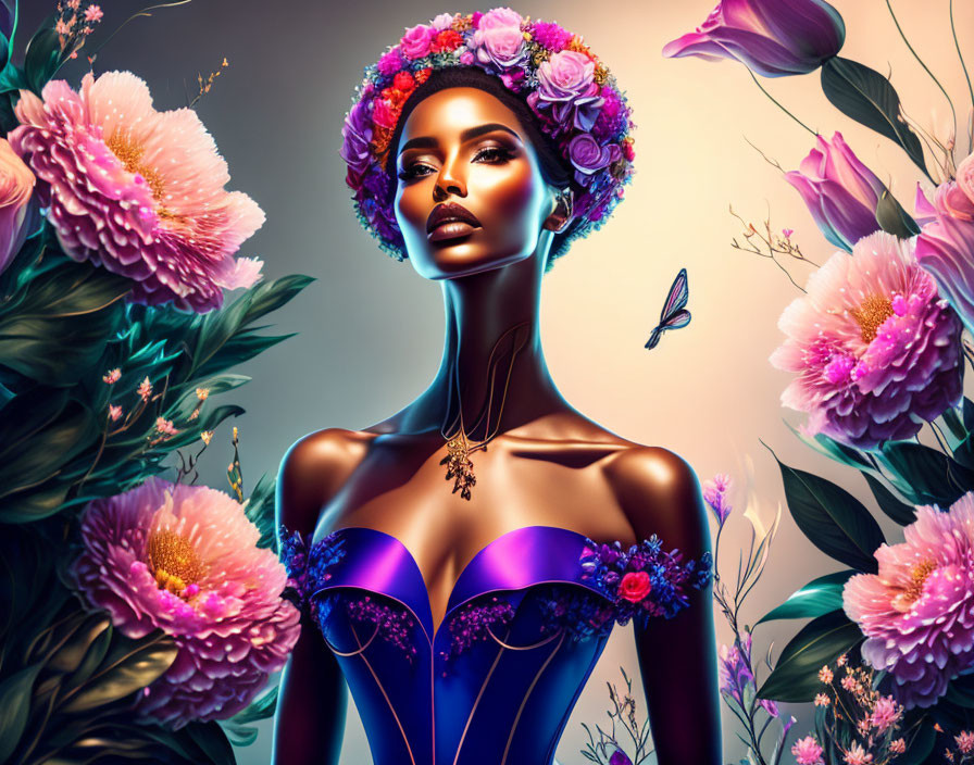 Digital Art: Woman in Floral Headdress and Corset with Pink Flowers and Butterfly