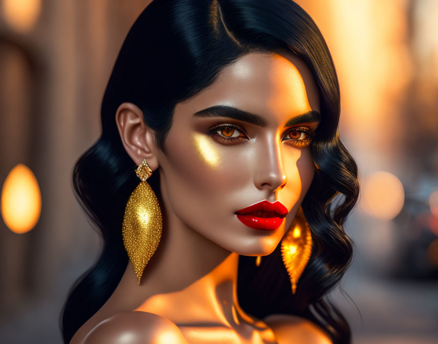 Woman with sleek black hair, bold red lips, and gold earrings in city backdrop.