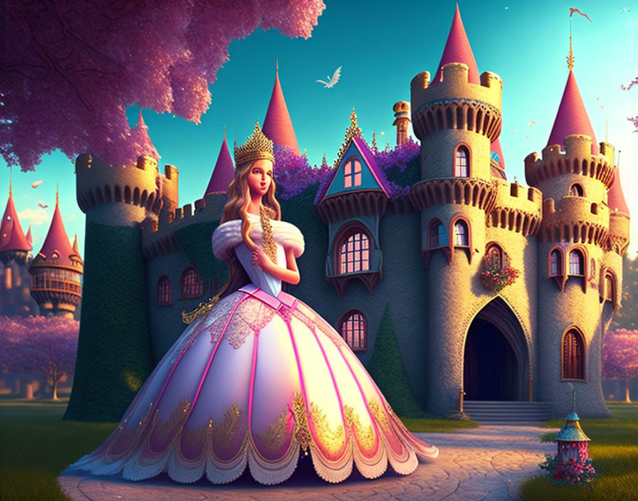 Princess in Pink and Gold Gown at Fairy-Tale Castle