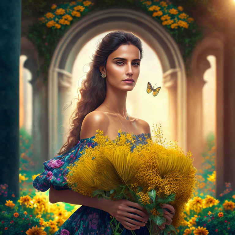 Woman with Yellow Flower Bouquet in Archway with Butterfly and Greenery