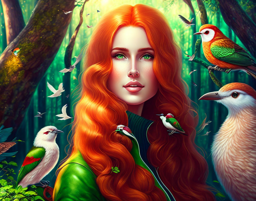 Vibrant illustration: Woman with red hair among exotic birds in lush forest