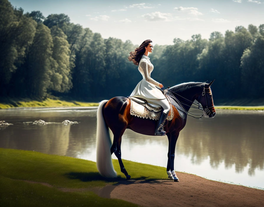 Woman in elegant dress riding horse by serene lakeside