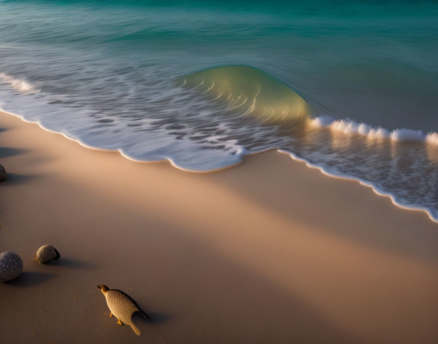 Gentoo Penguin on Sandy Beach with Approaching Wave at Sunset