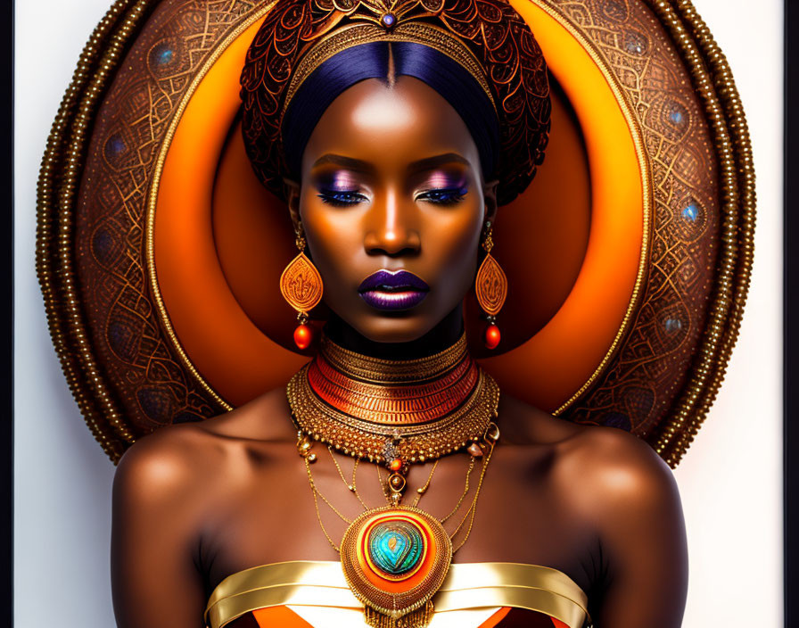 Woman with Striking Makeup and African Jewelry on Circular Backdrop