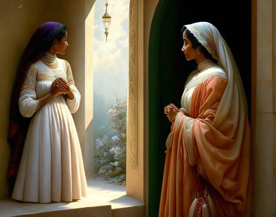 Traditional Attire: Two Women in Sunlit Arched Doorway