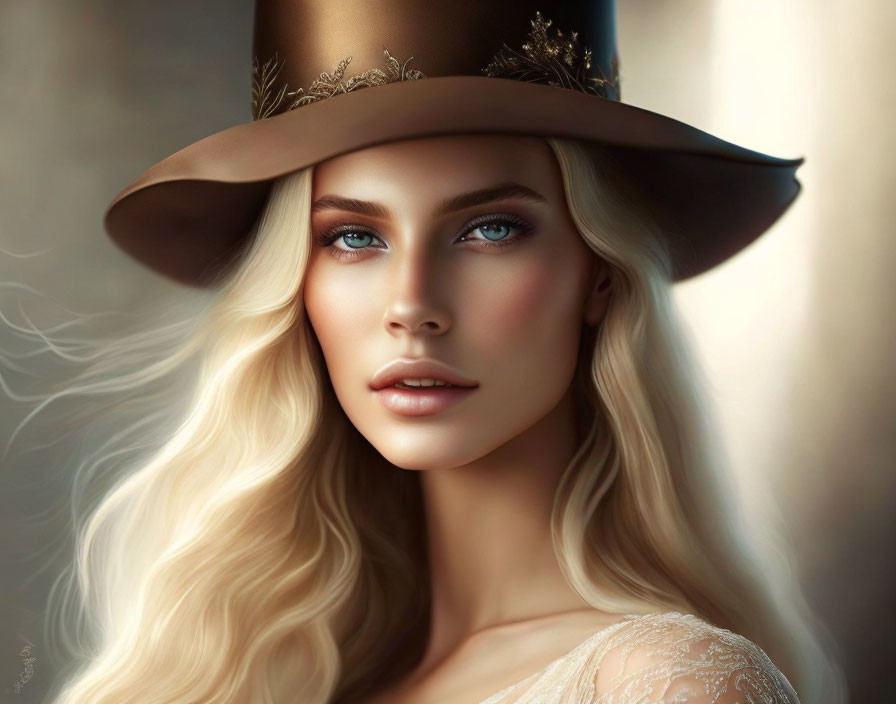 Portrait of Woman with Long Blonde Hair and Wide-Brimmed Hat