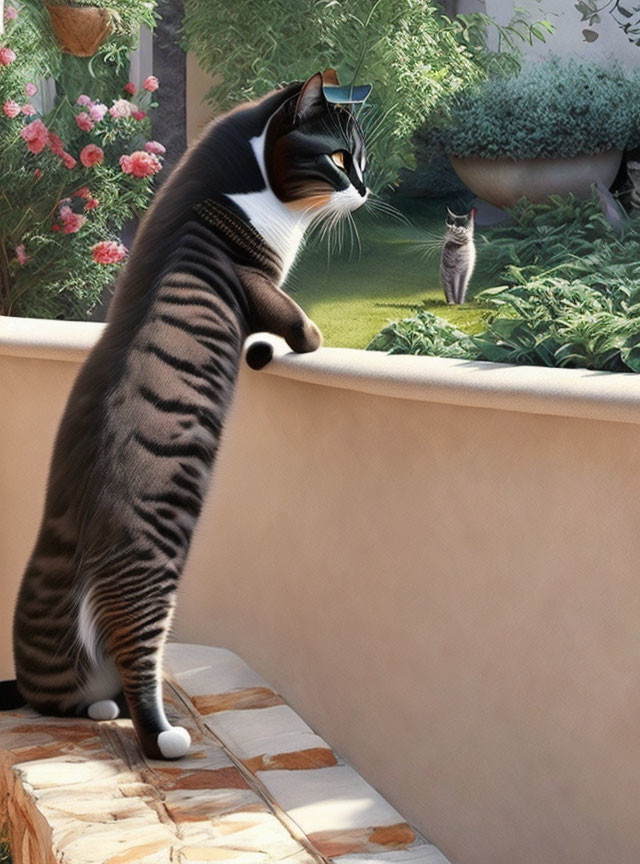 Two cats on balcony and garden with lush greenery.