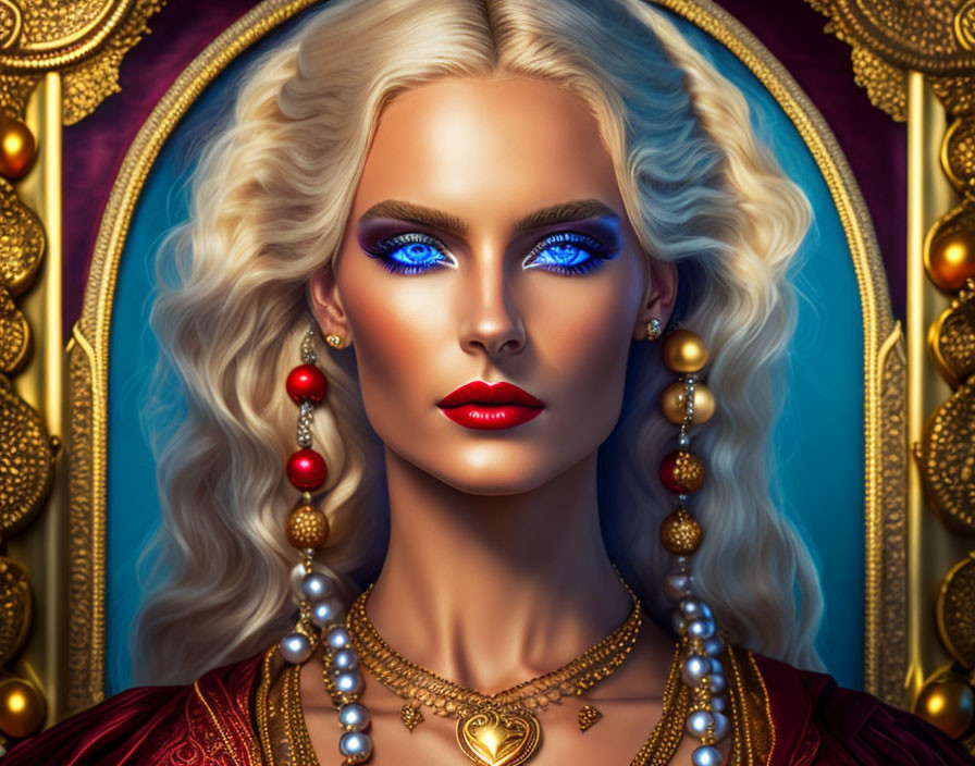 Digital artwork: Woman with platinum blonde hair, blue eyeshadow, gold jewelry, red dress on