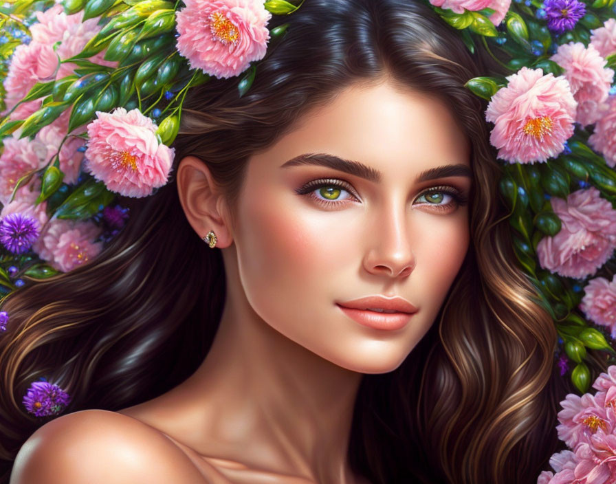 Digital artwork featuring woman with green eyes and vibrant pink and green flowers