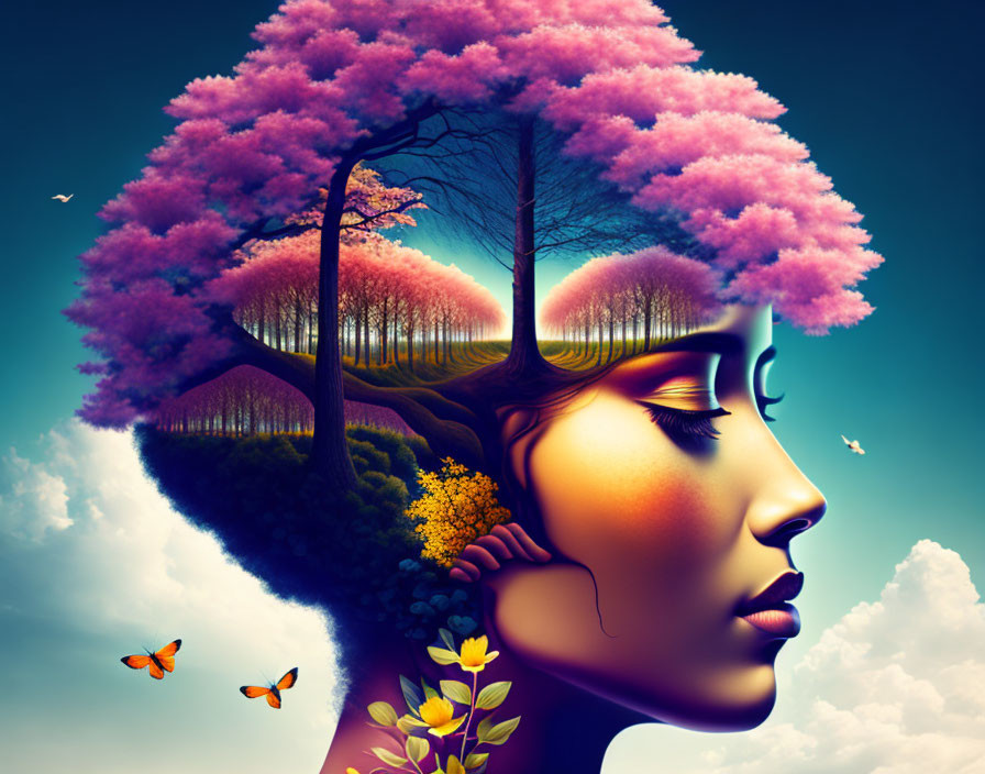 Surreal woman profile illustration with scenic landscape hair