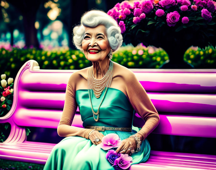 Elderly woman in turquoise dress on colorful park bench surrounded by flowers