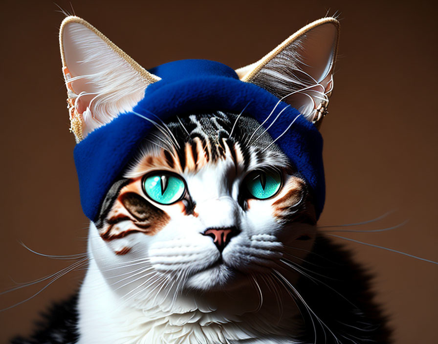 Green-eyed cat in blue hat with gold accents