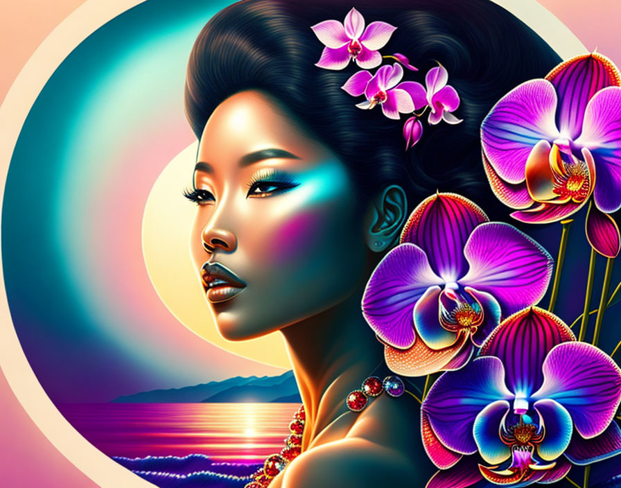 Vibrant Woman Portrait with Orchids in Sunset Seascape