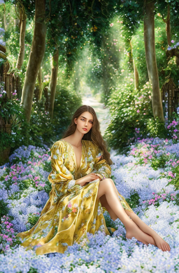 Woman in Golden Floral Dress Amidst Blossoming Pathway Under Tree Canopy