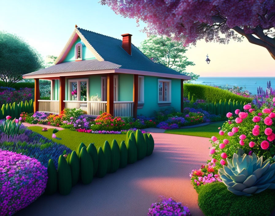 Turquoise and Pink Cottage with Vibrant Gardens at Twilight